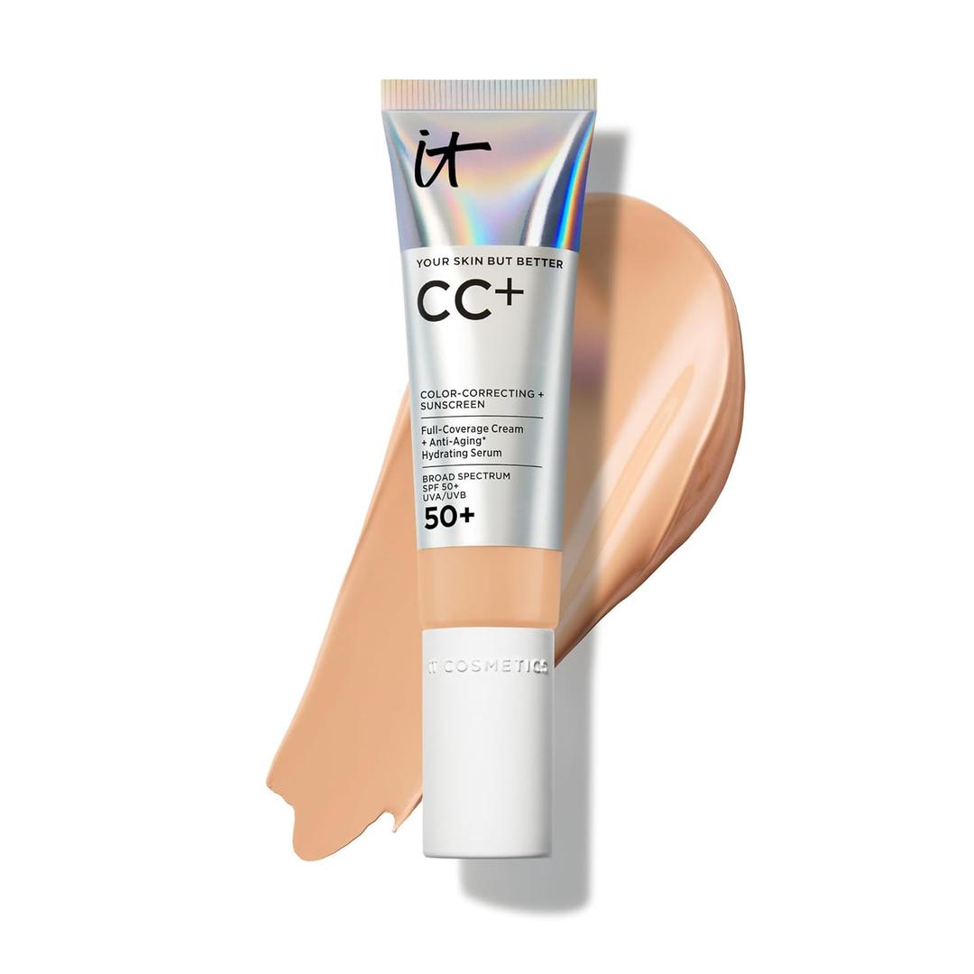 IT Cosmetics CC+ Cream - Natural Full Coverage Foundation With SPF 50+, Color Corrector & Anti-Aging Hydrating Serum, Hyaluronic Acid + Peptides, Lightweight Up To 24H Wear, All Skin Types (12W Medium (medium with neutral yellow undertones))
