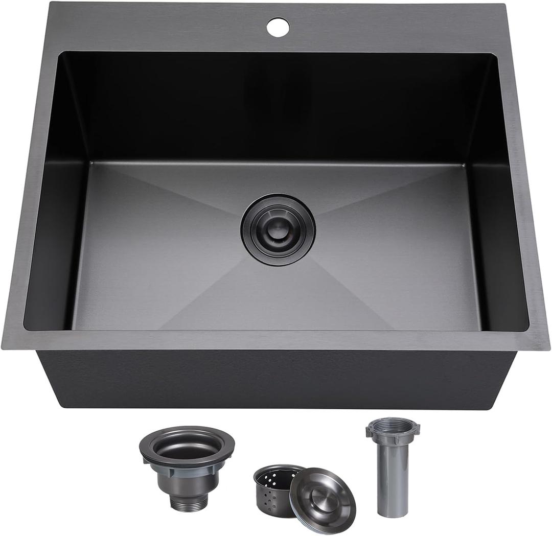 SHACO 18x18 Inch Drop In Black Bar Sink, 18 Inch Gunmetal Black Small Kitchen Sink, Stainless Steel 16 Gauge Single Bowl Laundry Prep RV Sink with Strainer Drain