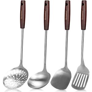 15 inch Large Spatula Slotted Turner Soup Ladle 304 Stainless Steel Wok Spatula Set Slotted Spoon for Cooking Utensils Set Long Wooden Handle Ladles Kitchen Metal Spatulas Cooking Spoons (Silver)