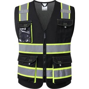 JKSafety Hi Vis Reflective Safety Vests for Men Women High Visibility Vest with Pockets Mesh Fabric Construction Safety Apparel Neon Vest for Work (220-Black L)