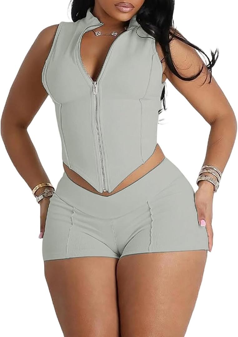 Ophestin 2 Piece Going Out Sets for Women Sexy Zip Up Crop Tank Top Bodycon Biker Shorts Set Club Gym Outfits (Small, Gray)