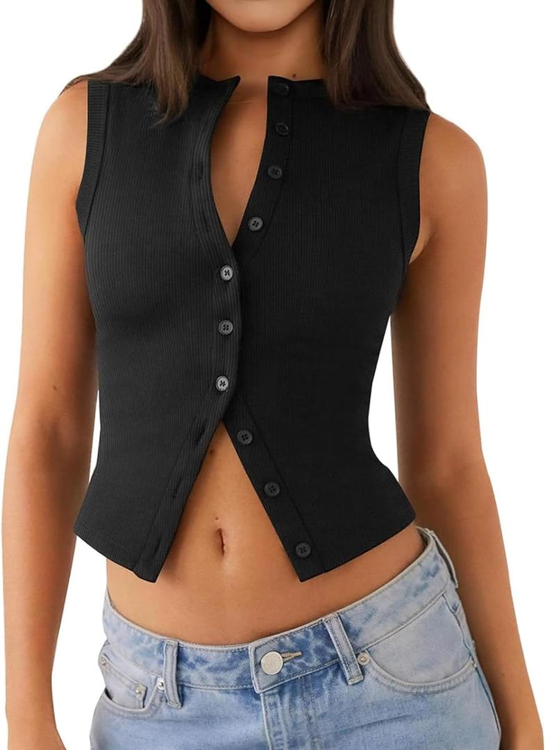 Relety Womens Crop Tank Tops Going Out Button Down Vest Seamless Ribbed Trendy Shirts Cute Sleeveless Summer Spring Y2K Cami L