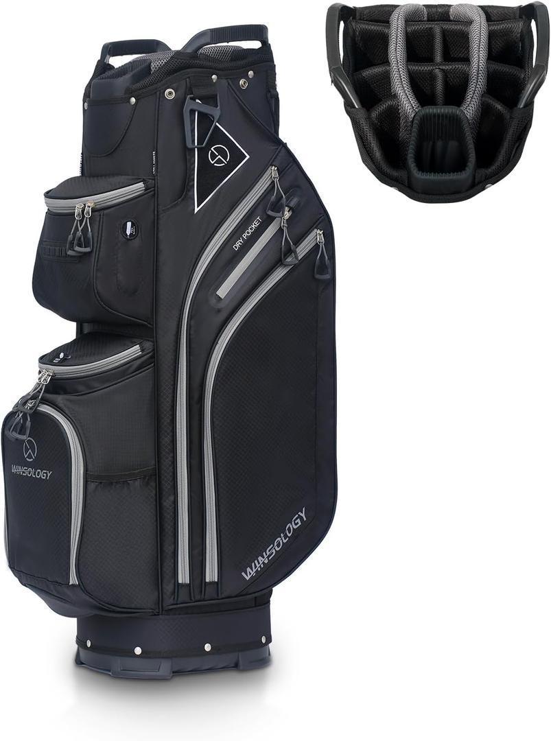 Max Lightweight Golf Cart Bag with Dual Handles and 14 Way Individual Full Length Dividers, Golf Club Bag with 11 Pockets, Large Putter Well, Double Strap Cooler for Men & Women (BLACK/GREY)
