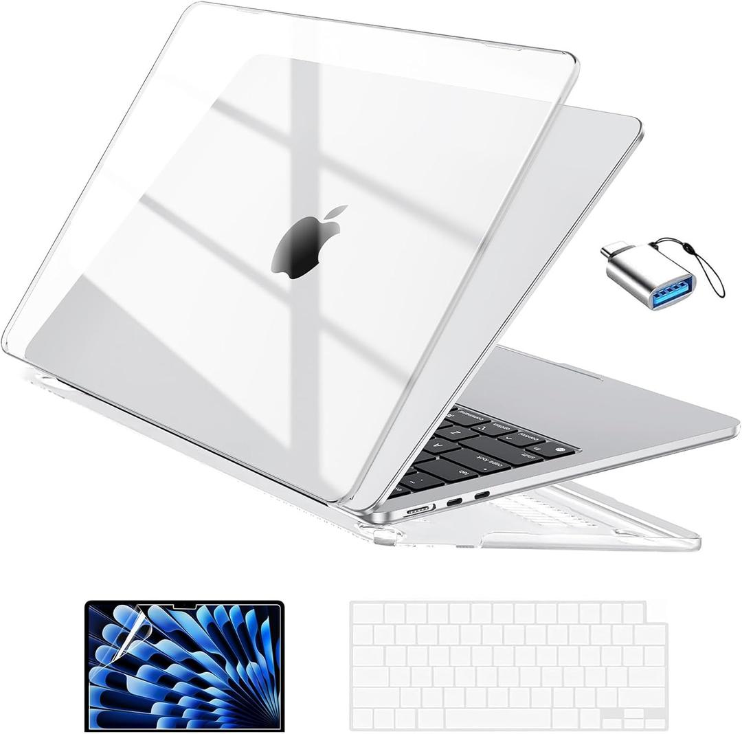 EooCoo Compatible with MacBook Air 13 inch Case M5 2026-2022 M4 M3 M2 Model A3449 A3240 A3113 A2681, Mac Air 13.6 inch Hard Shell & Keyboard Cover & Screen Film & Type-C, Crystal Clear