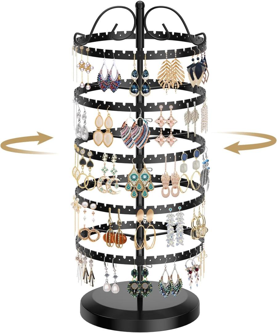 LASZOLA 5 Tier Black Earring Holder Organizer Tree Women Display Storage for Stud and Hoop, Large Cool Rotating Clip Stand for Pierced and Dangle Earring, Vertical Metal Tower Carousel with 400 Holes