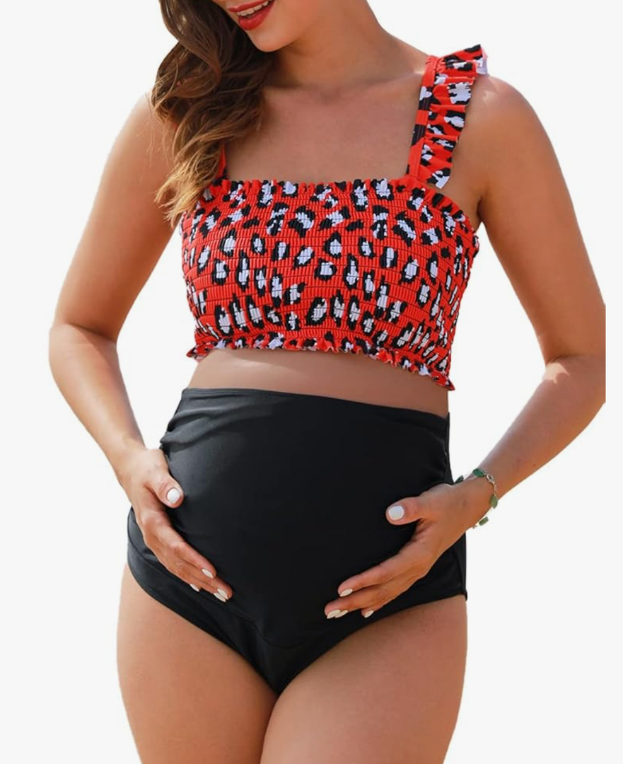 Summer Mae Maternity High Waist Bikini Swimsuit Two Piece Ruffled Hem Cute Bathing Suit Floral Pregnancy Swimwear L