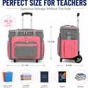 Rolling Craft Bag, Tote Bag with Wheels for Women, Rolling Teacher Bag with Removable Folding Hand Truck (Pink)