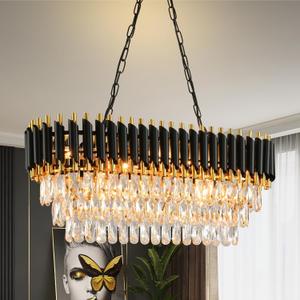Modern Crystal Chandeliers for Dining Room Black and Gold Chandelier Living Room 8-Light Pendant Light Fixture Oval Contemporary Ceiling Hanging Light for Kitchen Island Bar L32 inch