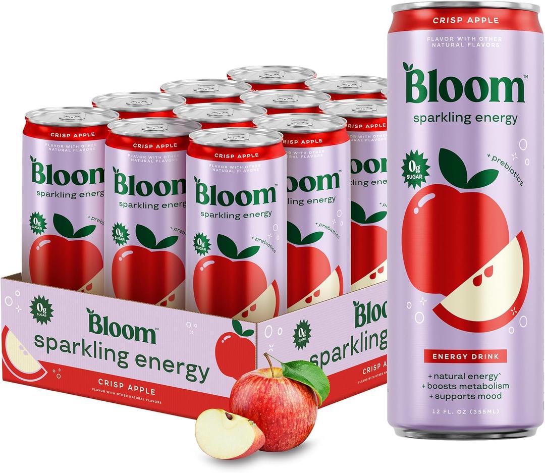 Bloom Nutrition Sparkling Energy Drink - Natural Caffeine, Zero Sugar, 180mg Caffeine - Antioxidant-Rich with Green Coffee Bean, Green Tea Extract, Prebiotics - Crisp Apple - 12oz 12 Pack, BBD: 07 2027