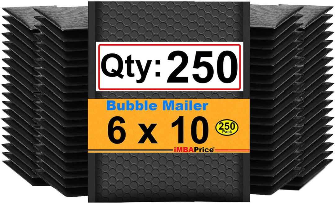 iMBAPrice 6x10 Inch Black Poly Bubble Mailers, 250-Pack  Padded Shipping Envelopes with Self-Seal Adhesive, Waterproof Bubble Bags for Small Jewelry & Electronics