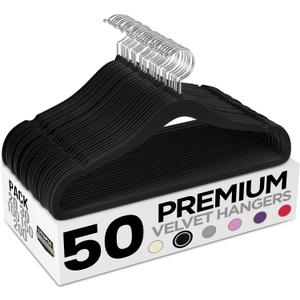 Utopia Home Velvet Hangers 50 Pack  Luxury Non-Slip Slim Suit & Coat Hangers, Strong Space-Saving Clothes Hangers with Pants Bar and 360 Swivel Hook  Black