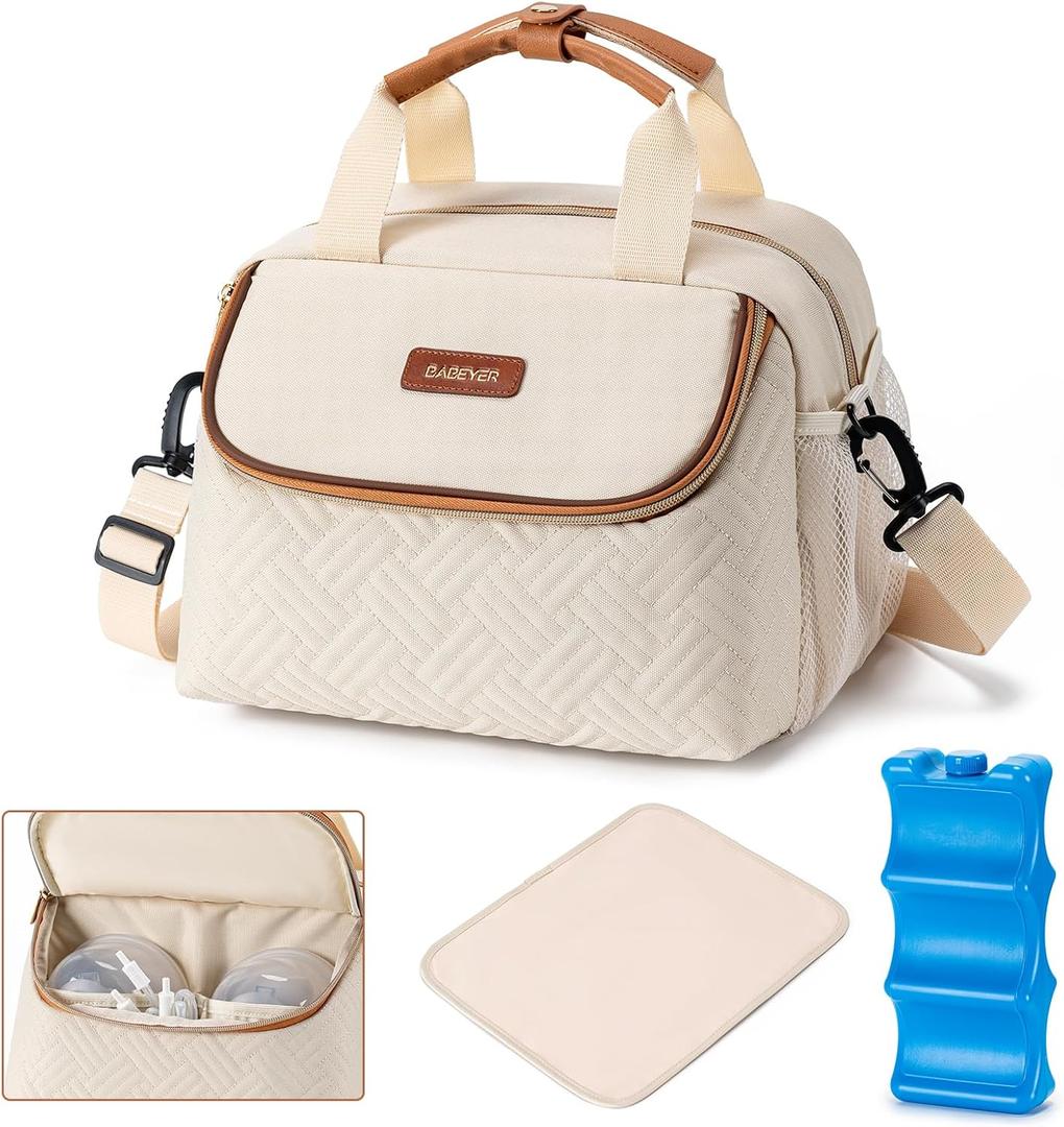 Breastmilk Cooler Bag with Ice Pack Fits 6 Baby Bottles up to 9 Ounce, Wearable Breast Pumps Cooler Bag for Nursing Mom Daycare, Work, Travel- Cream