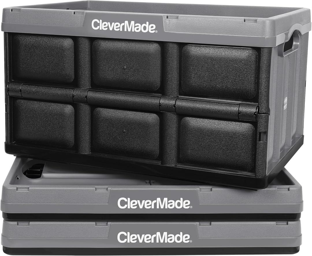 CleverMade Collapsible Storage Bins 46L (3-Pack) Heavy Duty Collapsible Plastic Storage Bins, Stackable Folding Storage Bins for Car, Garage, Home Organization - Foldable Bins, Stone