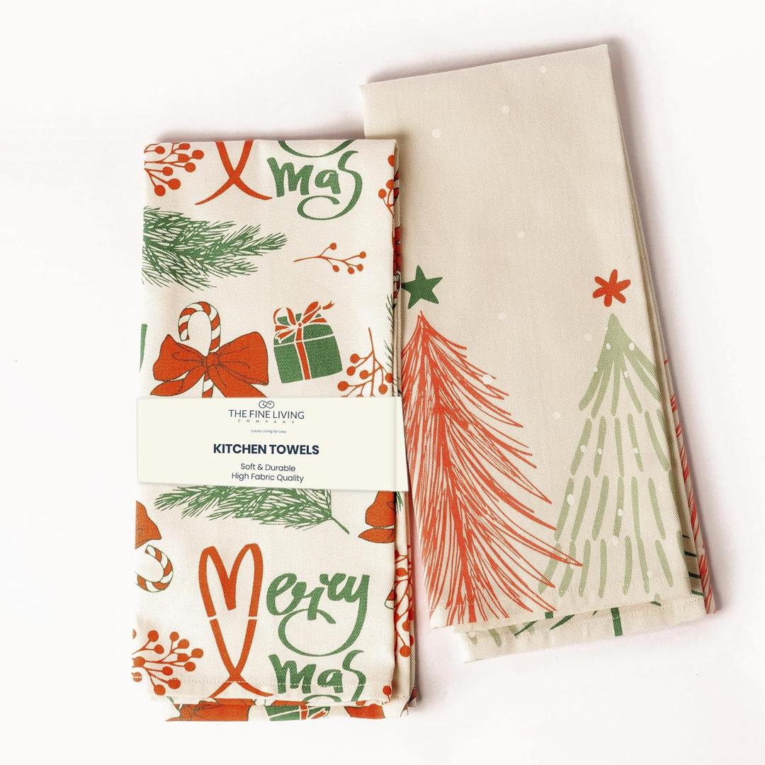 The Fine Living Co. 100% Cotton Merry Christmas Kitchen Towels, 18'x28' Set of 2 (Cherry Red & Green)