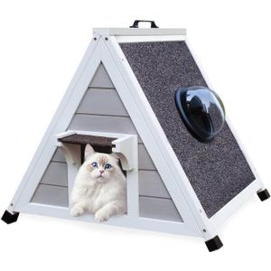 Deblue Outdoor Cat House for Feral Cats, Weatherproof Wooden Cat House for Small Pets, Unique Cat Shelter with Escape Door & Clear Window (Grey House)