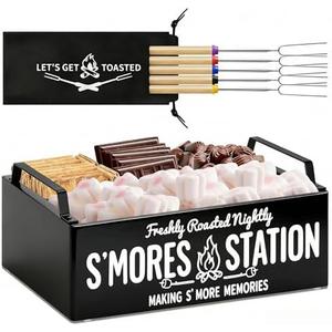 Farmhouse Smores Station, Wooden Smores Caddy with Handles, S'Mores Bar Holder with 5Pcs Extendable Smores Sticks, Smores Maker Box for Smores Kit, Outdoor Fire Pit Camping Essentials Cooking (Black)