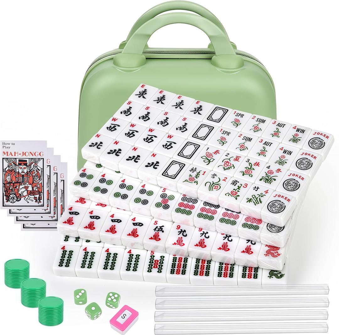 Portable American Mahjong Set, 166 Mahjong Tiles with Carrying Bag, 3 Dice, 40 Chips, Wind Indicator, Instruction Book, Compact Travel Game Set