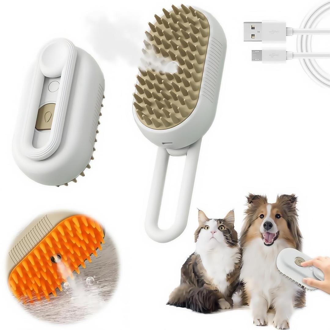 4 in 1 Cat Steam Brush for Shedding, Rechargeable Pet Groomer Brush with Steam, Multifunctional Anti-Static Hair Removal Comb for Cats and Dogs, Used for Massage, Cleaning, Shedding & Combing (White)