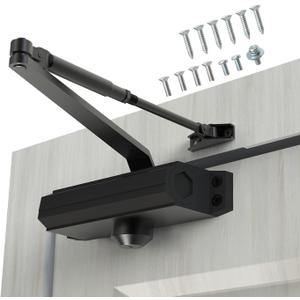 Automatic Door Closer Heavy Duty Fire Prevention Spring Hydraulic Aluminum Alloy Surface Mounted Residential Commercial Grade Door Closer Adjustable Speed Door Weights 99-187 Lbs Size2-Black