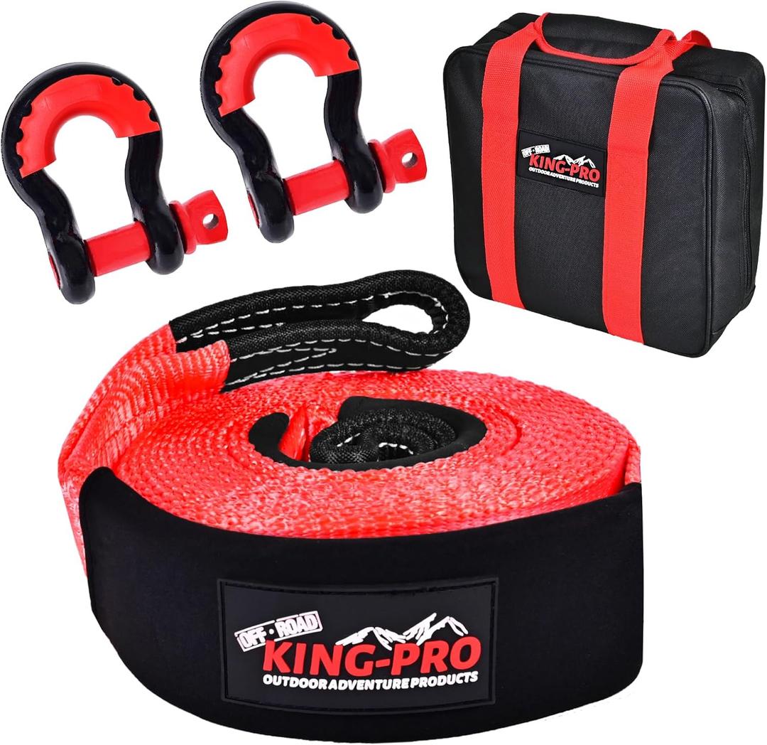 KING-PRO Snatch Strap Recovery Kit 3" x 20ft, 33,000lbs Breaking Strength with 23% Elongation, 100% Nylon Kinetic Towing Strap with 2pcs Heavy Duty 3/4 D Ring Shackles for Truck SUV ATV Off Road