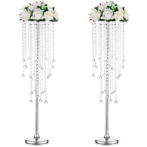 Silver Vases Wedding Centerpieces for Tables - 29.6" Tall Flower Vase with Chandelier Crystal, Centerpiece Table Decorations, Metal Flower Stand for Wedding, Reception, Party, Events, Home, 2 Pcs