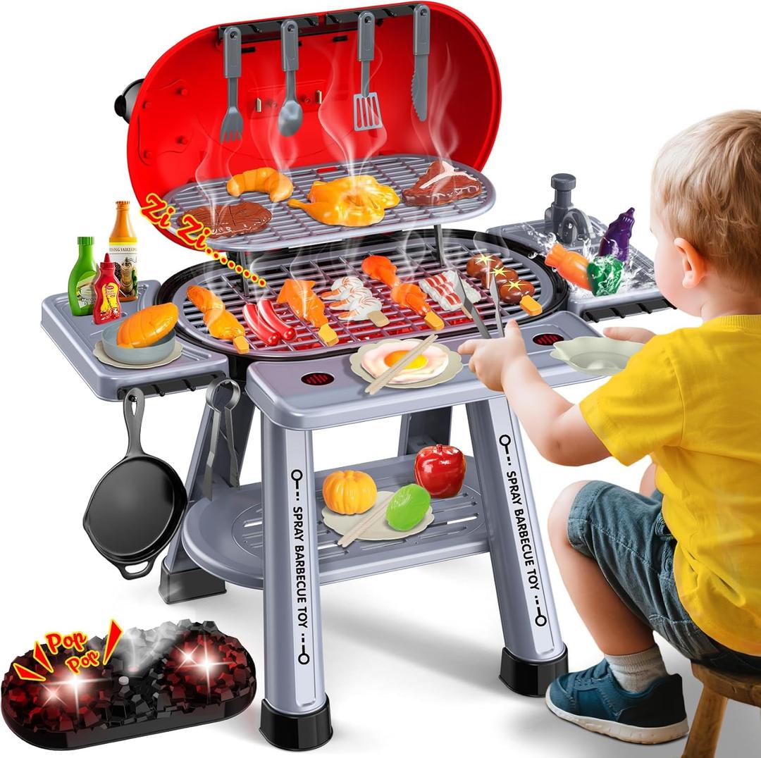 Kids Play Kitchen Toys Set: 68-Piece Pretend Grill BBQ Toy with Real Smoke, Sizzling Sound & Lights, Outdoor Cooking Set for Toddlers Ages 3-8, Birthday Gift for Boys & Girls