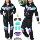 Owurha 80s Track Suit for Men Women 90s Retro Windbreaker Set Couples 90s Tracksuit 80s Costume Men Neon Wind Suit (Medium, Black)