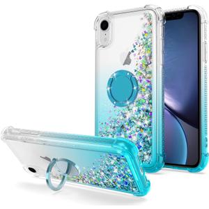 for iPhone XR Case, Bling Flowing Liquid Floating Sparkle Colorful Glitter Waterfall TPU Protective Case with Rotation Ring Kickstand for iPhone XR 6.1 inch, Blue