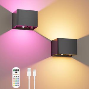 iMaihom Motion Sensor Wall Light with Remote, 5000mAh Rechargeable Wall Sconces, Up Down Wireless Indoor Lights, 12 RGB Colors with Warm Glow & Cool White, Dimmable for Hallway Bedroom Stairs, 2 Pack