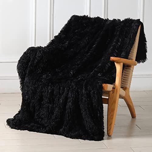 Tuddrom Decorative Extra Soft Faux Fur Throw Blanket 140 x 60 inch Reversible Fuzzy Long Hair Shaggy Throw Blankets, Fluffy Cozy Plush Fleece Comfy Microfiber Fur Blanket for Couch Sofa Bed, Black