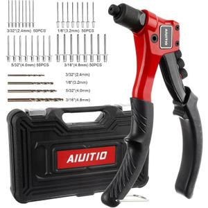 Rivet Gun, AIUITIO Pop Rivet Tool Kit with 200 Rivets and 4 Drill Bits, Manual Hand Riveter Kit with Rugged Carrying Case