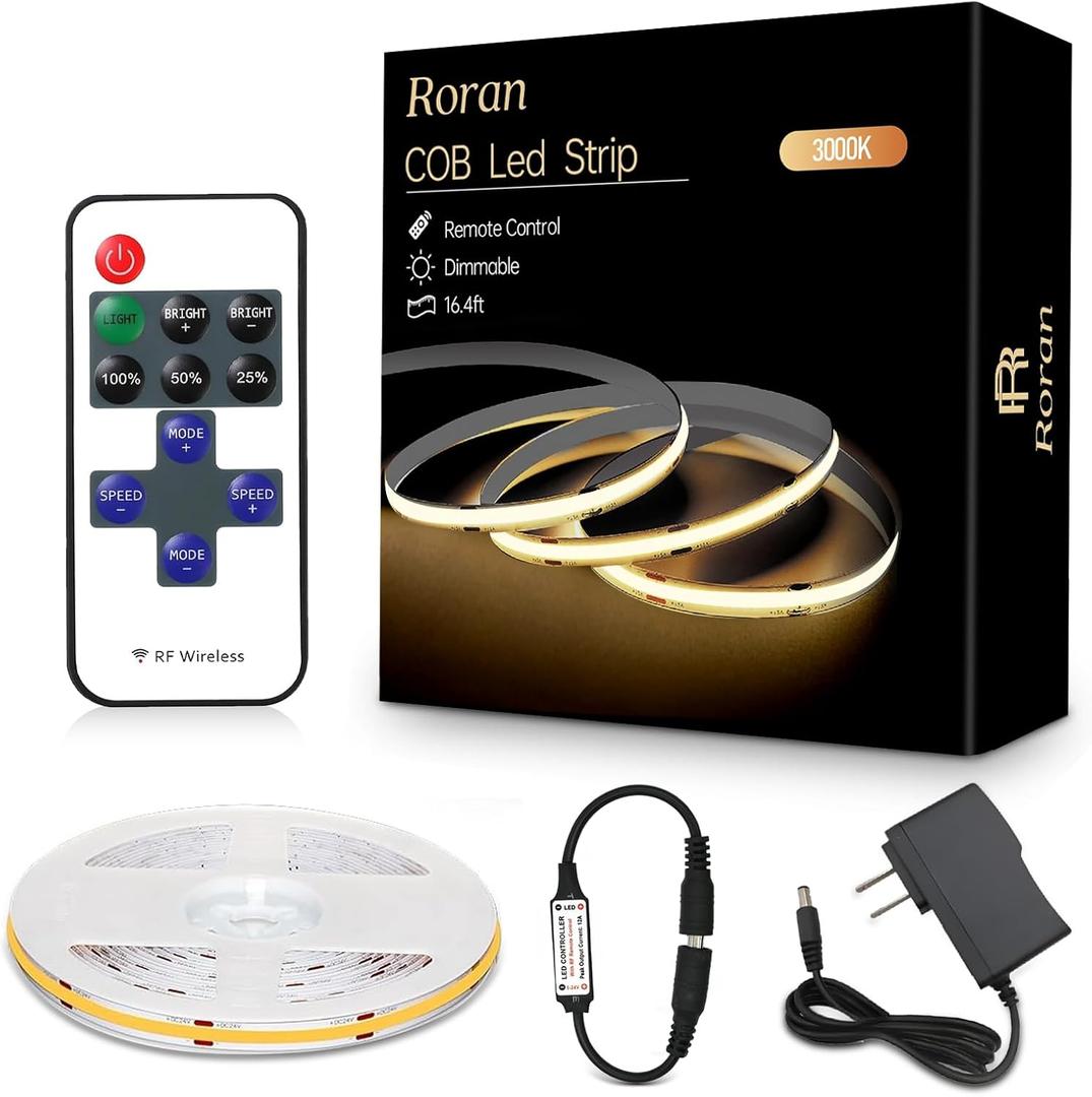 White Cob LED Strip Lights with Remote, Warm Lighting, Rope Lights Indoor, Cuttable Led Light Strips for Mirrors, Shelves, Cabinets, Living Room, Bedroom, 16.4ft 3000K Dimmable