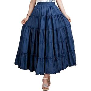 Saukiee Women's Bohemian Elastic Waist Long Skirt Cotton Circle Ruffle Broomstick Peasant Maxi Tiered Skirts, M