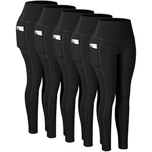 CHRLEISURE Leggings with Pockets for Women, High Waisted Tummy Control Workout Yoga Pants(5 Packs Black, S)