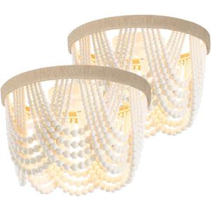 Wuhuyipi Wood Beaded Chandelier, LED Flush Mount Ceiling Light, Farmhouse Rustic Design, 2 Pack