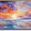 DUNHUANG ART Vibrant Ocean Sunset Canvas Wall Art - Beach Decor & Sunrise Poster - Red Scenery Poster for Living Room & Bathroom - 24"x48"