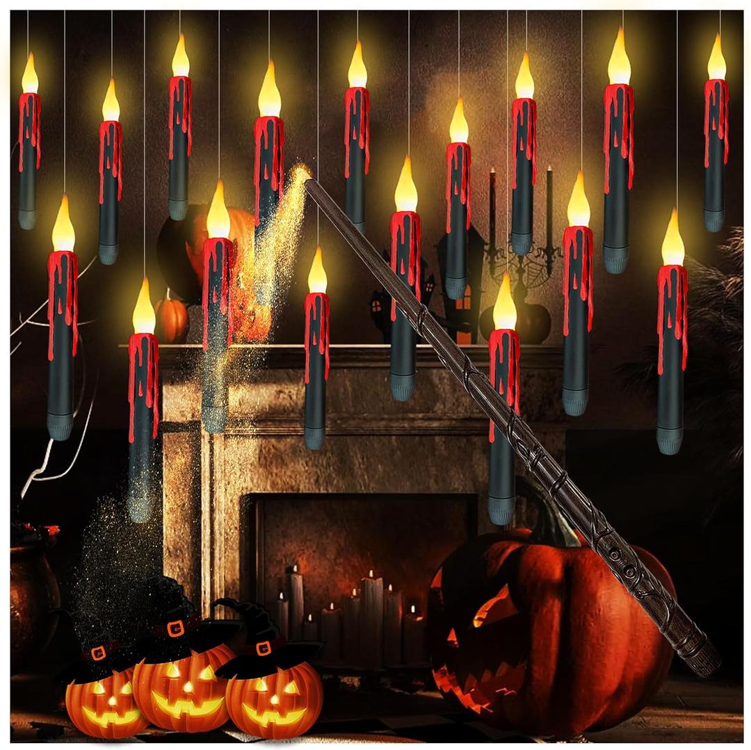 10 Pack Black Magic Floating Candles with Wand Remote-Flameless Taper Bleeding Candles, Battery Operated Candle Sticks Flickering LED Light for Spooky Theme Party Home Haunted Halloween Decor