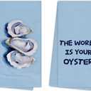 Oyster Coastal Kitchen Towels, Blue Preppy Beach Nautical Hand Towels for Bathroom Decor, The World is Your Oyster Inspirational Dishcloths Dish Towel for Kitchen 16x24 Inches