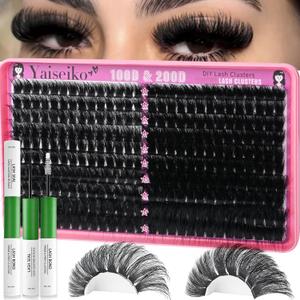 Lash Clusters Kit 100D+200D Thick Volume Eyelash Clusters Kit 12-25mm Wispy Individual Lashes D Curl Long Cluster with Lash Bond and Seal Waterproof DIY Lash Extension Kit(KIT-280PCS)