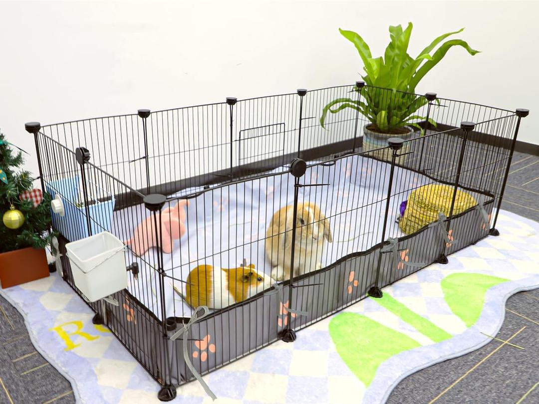 CHEGRON Guinea Pig Cages 8 Sq Ft Expandable C&C Cage Habitats for 2 Small Animal Pet Playpen Metal Grids Indoor Rabbit Fence Hedgehog Cage with PVC Bottom, 48 x 24 x 15.7 inch, 12 Panels (Grey-with Rope Liner)