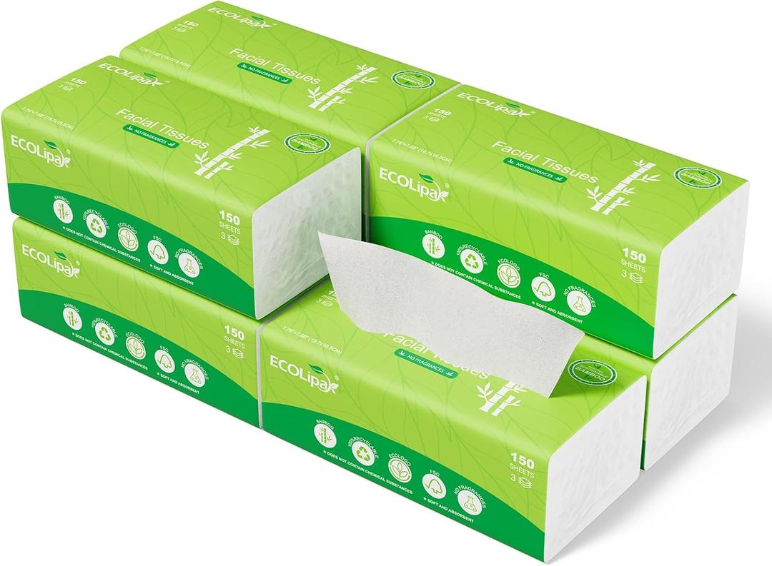 ECOLipak Bamboo Facial Tissues, Soft Pack 8 Packs, 1200 Sheets Total 3-Ply Ultra Soft & Strong, Hypoallergenic, Travel Size for Car, Home, Office
