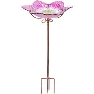 Outdoor Bird Bath Glass Birdbath Garden Birdfeeder with Metal Stake Pink(Height:26inch)