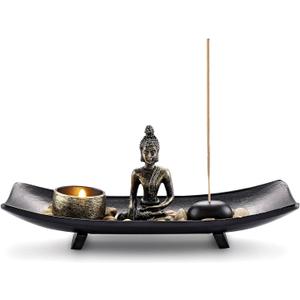 Jovivi Zen Garden Set Buddha Statue w/Tealight Candle Holder, Rocks & Incense Burner Holder & Wood Tray for Yoga Meditation Home Table Decor Gift