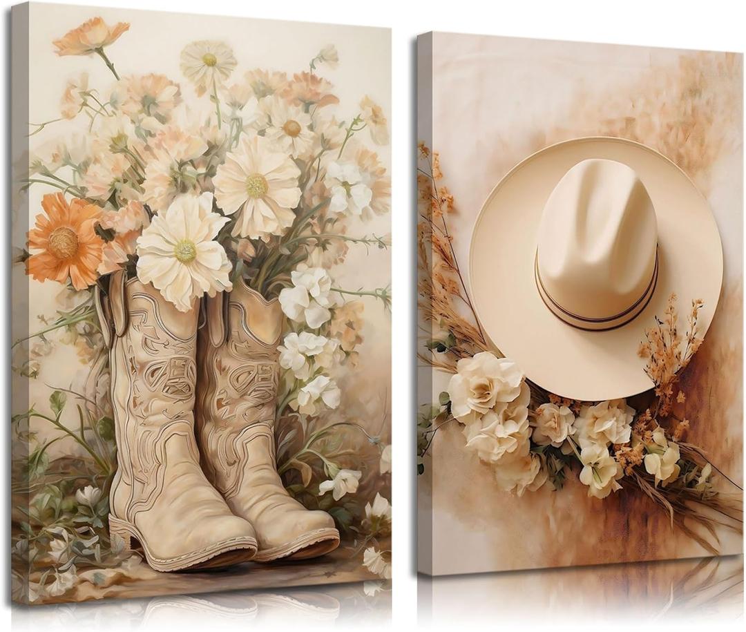 NNX 2pcs Vintage Western Cowgirl Canvas Wall Art: Coastal Cowgirl Boots & Hats Posters - Trendy Preppy Dorm Room & Living Room Wall Decor (16x24in)