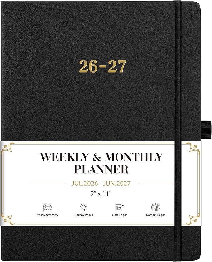 2026-2027 Planner - Weekly and Monthly Planner 2026-2027, Jul.2026 - Jun.2027, 9" x 11", 26-27 Calendar Planner with Inner Pocket + Bookmarks+ Leather Hardcover, Black