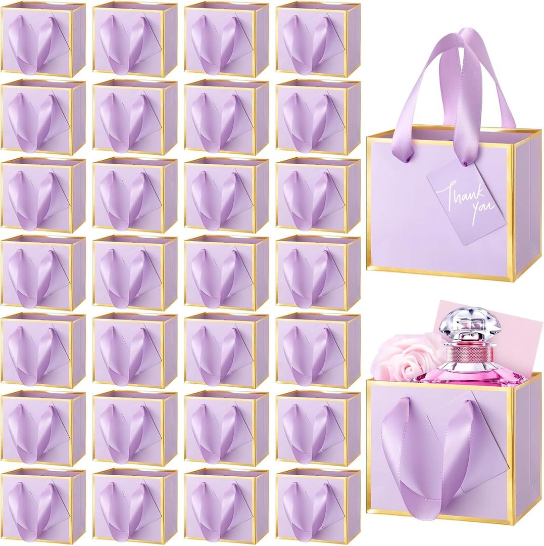 Yeaqee 50 Pcs Mini Metallic Foil Gift Bags with Handles 4x4.75x2.25'' Tiny Thank You Favor Bag Bulk with Tag for Fall Thanksgiving Halloween Wedding Baby Shower Birthday Party (Lavender, Gold)