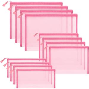 12 Pieces Zipper Nylon Mesh Pouch, Mesh Cosmetic Bags Makeup Bags Pencil Case, Multipurpose Travel Bags for Cosmetic School Office Supplies and Travel Accessories (Light Pink, Assorted Sizes)