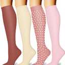 CHARMKING Compression Socks for Women and Men Circulation 4 Pairs 15-20 mmHg Best Support for Athletic Running Cycling (Small-Medium, 02 Pink/Beige/Pink/Pink)