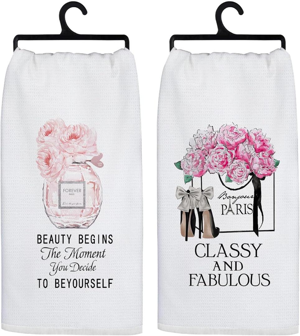 Pink and Black Bathroom Hand Towels, Trendy Funky Floral Handbag High-Heel Perfume Decorative Hand Towels for Bathroom, Fashionable Girly Kitchen Dish Tea Towels, 16x24 Inch Set of 2