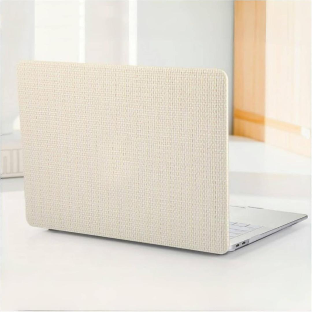 Compatible with MacBook Air 13 inch Case 2026 M5 2022-2025 M4/M3/M2 A3449 A3240 A3113 A2681, Woven Fabric Knit Texture PU Leather Hard shell with Logo Cutout & Keyboard Cover for Mac 13.6 Case, Beige